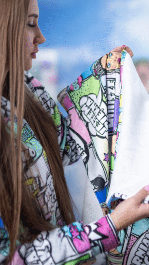 modelka prezentuje ręcznik MUUkreacje w printach bi lajk unicorn i komiks fuul